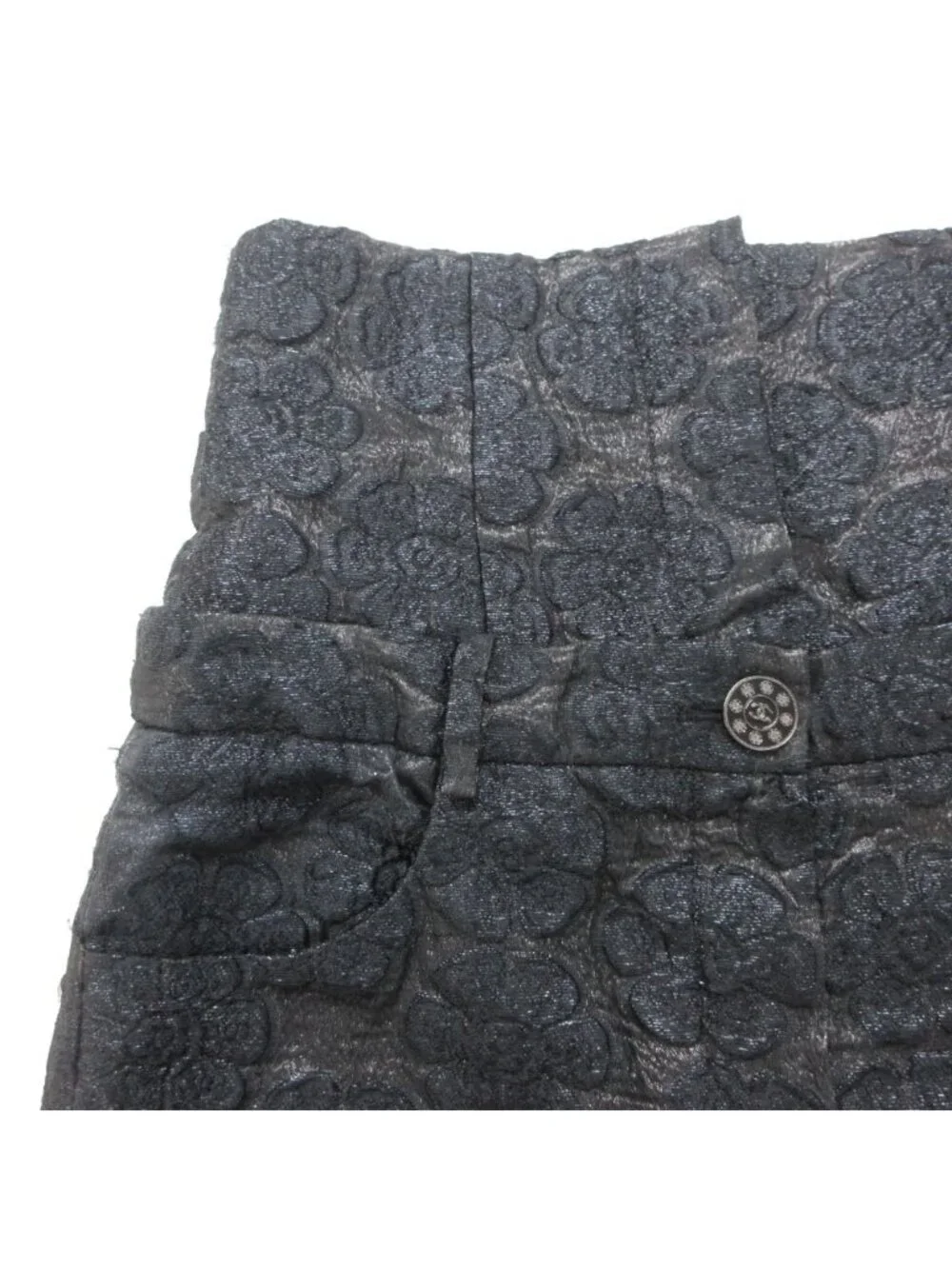 Chanel Pants 16c Camellia Jacquard All Over Pattern CC Logo Button High Waist